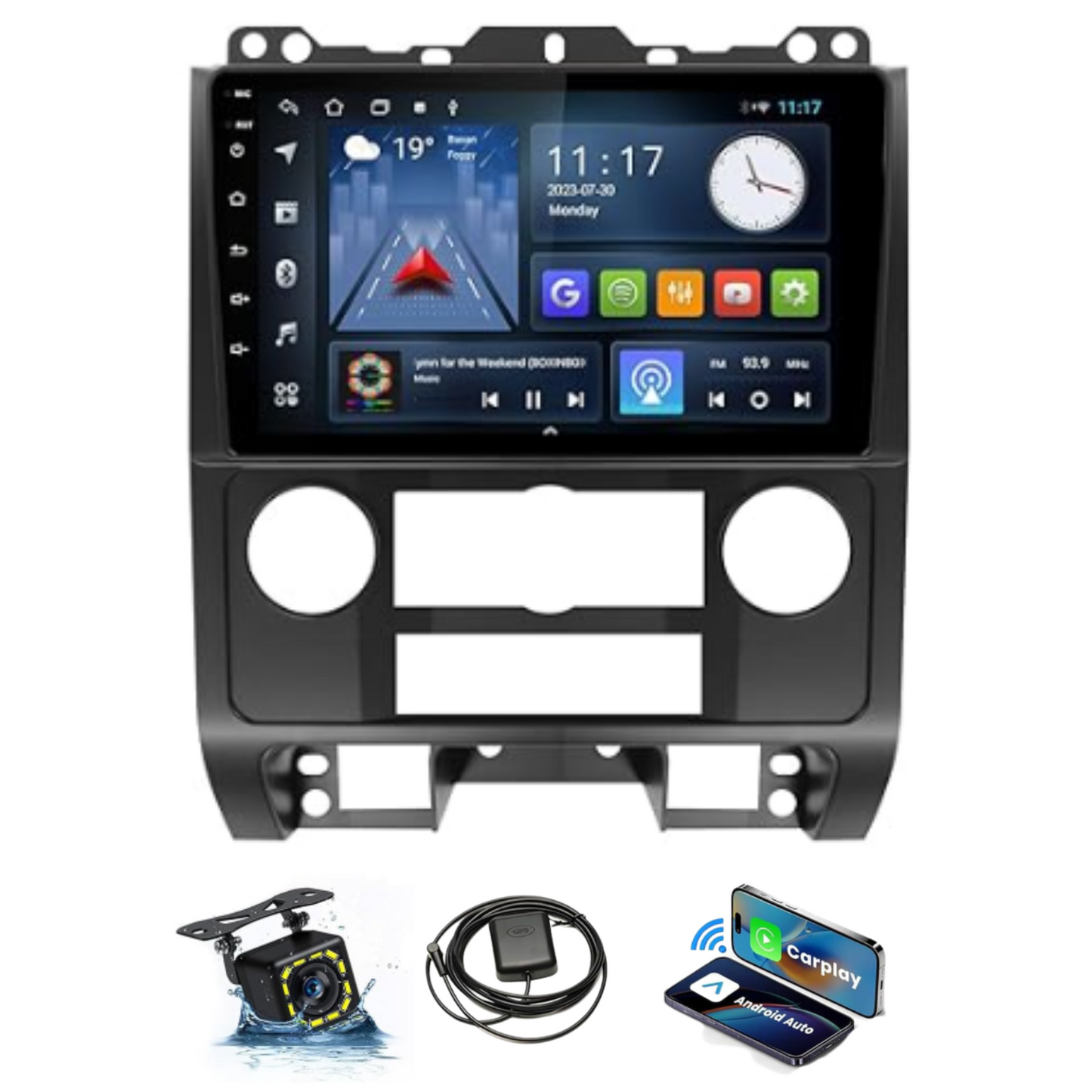 JAMABRI 9 Inch Android 14 Car Stereo Touch Screen for Ford Escape Kuga Mazda Tribute 2007-2012 with Wireless Apple Carplay & Android Auto, Bluetooth GPS Navigation FM Radio Support Mirror Link for Android/ iOS, with 12 Led Lights HD Rear View Camera