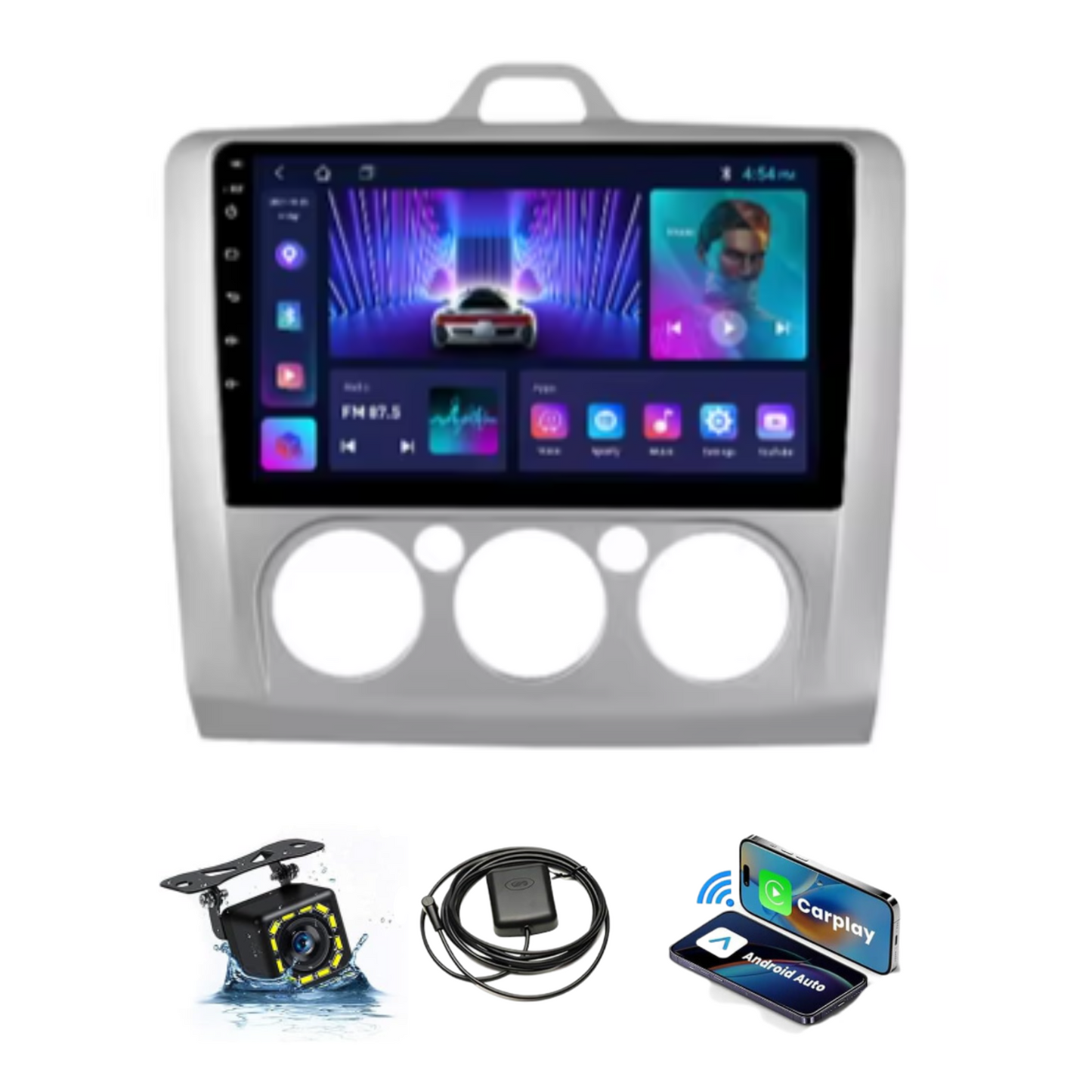 JAMABRI 9" Android 14 Car Stereo Touch Screen 2Din Car Radio for Auto-Buttons Ford Focus 2 MK2, 2004-2011-Carplay & Android Auto, WiFi Bluetooth GPS Navigation FM Radio Support Mirror Link with 12 Led Lights HD Rear View Camera