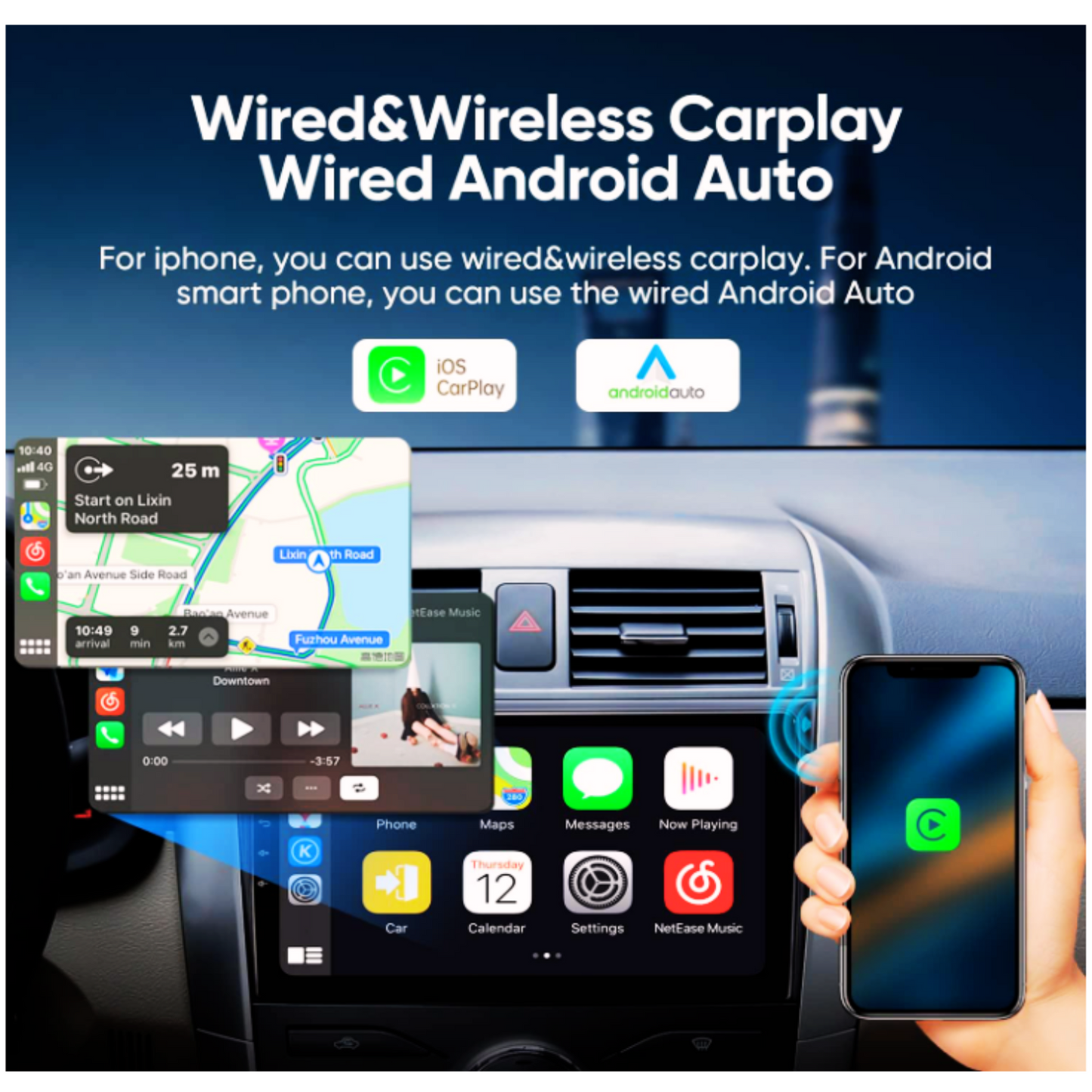 JAMABRI 9" Android 14 Car Stereo Touch Screen 2Din Car Radio for Auto-Buttons Ford Focus 2 MK2, 2004-2011-Carplay & Android Auto, WiFi Bluetooth GPS Navigation FM Radio Support Mirror Link with 12 Led Lights HD Rear View Camera