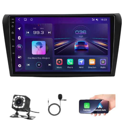 JAMABRI: 9 Inch Android Car Stereo Touch Screen Double Din Car Radio for Mazda 3  2003-2009 with Carplay & Android Auto, WiFi Bluetooth GPS Navigation FM Radio Support Mirror Link for Android/iOS Phone, with 12 Led Lights HD Rear View Camera