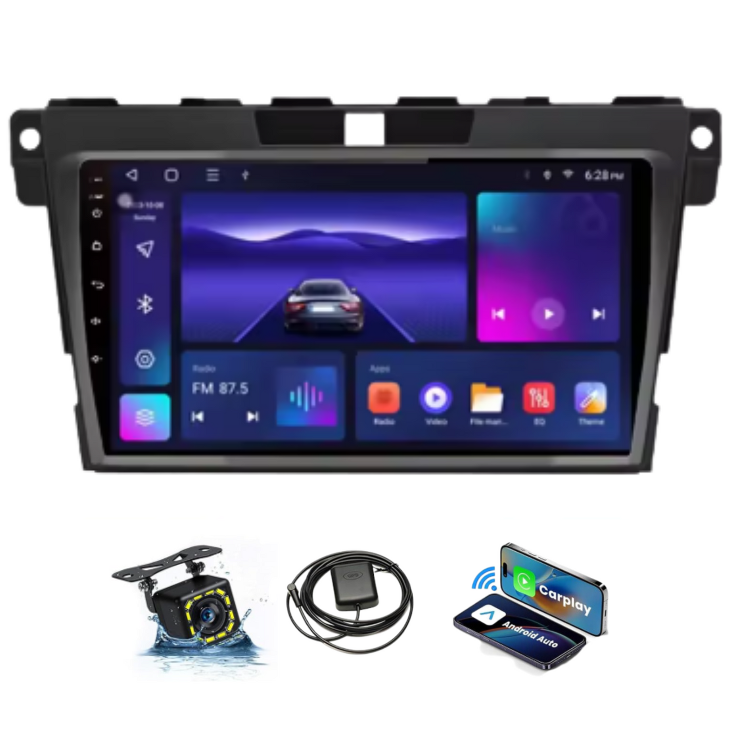 JAMABRI 9 Inch Android Car Stereo Touch Screen Double Din Car Radio for Mazda CX7 2008-2015 with Carplay & Android Auto, WiFi Bluetooth GPS Navigation FM Radio Support Mirror Link with 12 Led Lights HD Rear View Camera