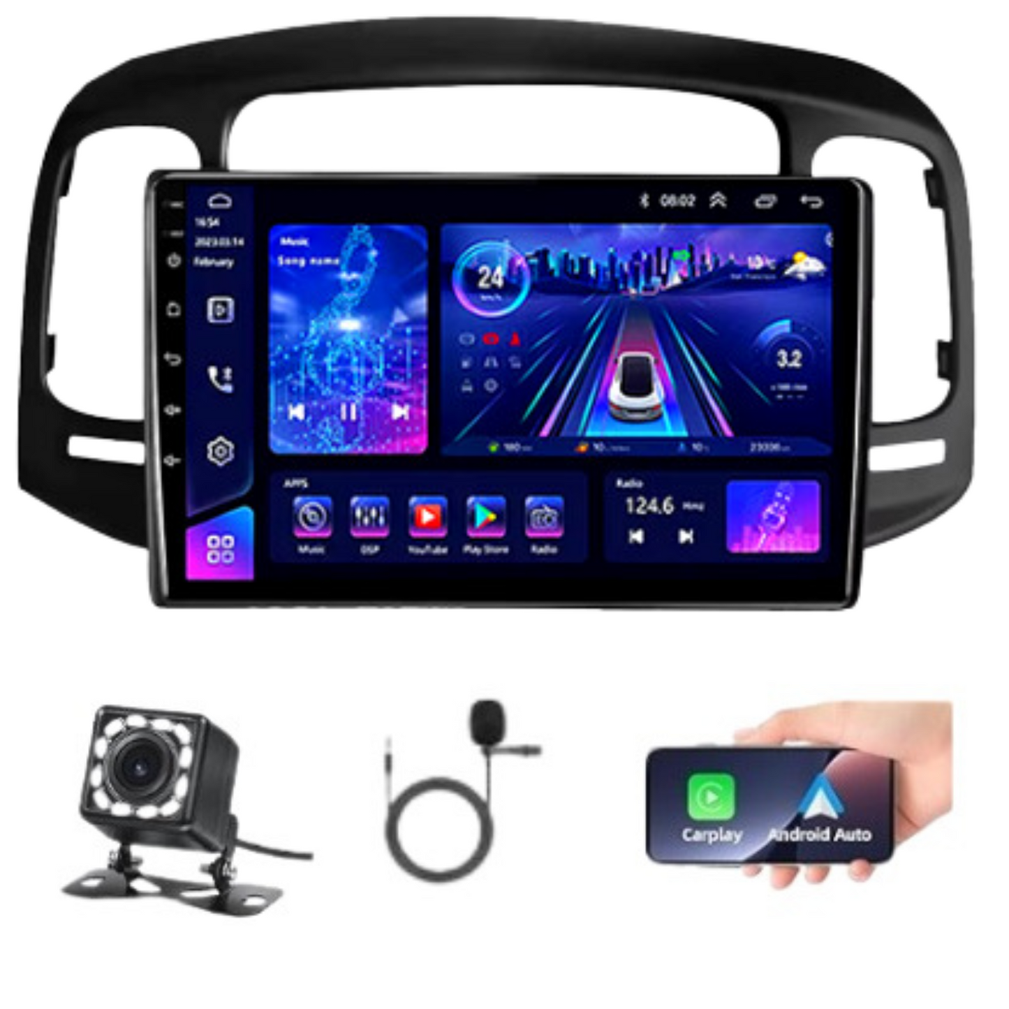 JAMABRI 9 Inch Android Car Stereo Touch Screen Double Din Car Radio for Hyundai Accent 2008-2012 with Carplay & Android Auto, WiFi Bluetooth GPS Navigation FM Radio Support Mirror Link for Android/ iOS, with 12 Led Lights HD Rear View Camera