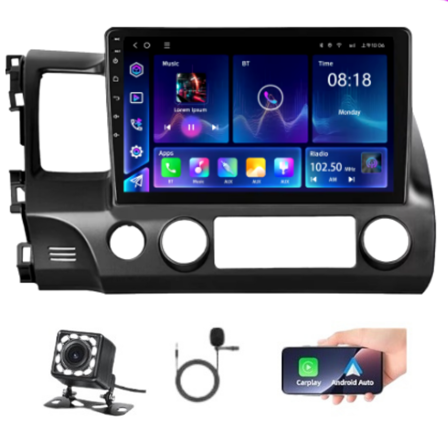 JAMABRI: 10.1 Inch Android Car Stereo Touch Screen Double Din Car Radio for Honda Civic 2005-2012 with Carplay & Android Auto, WiFi Bluetooth GPS Navigation FM Radio Support Mirror Link for Android/iOS Phone, with 12 Led Lights HD Rear View Camera