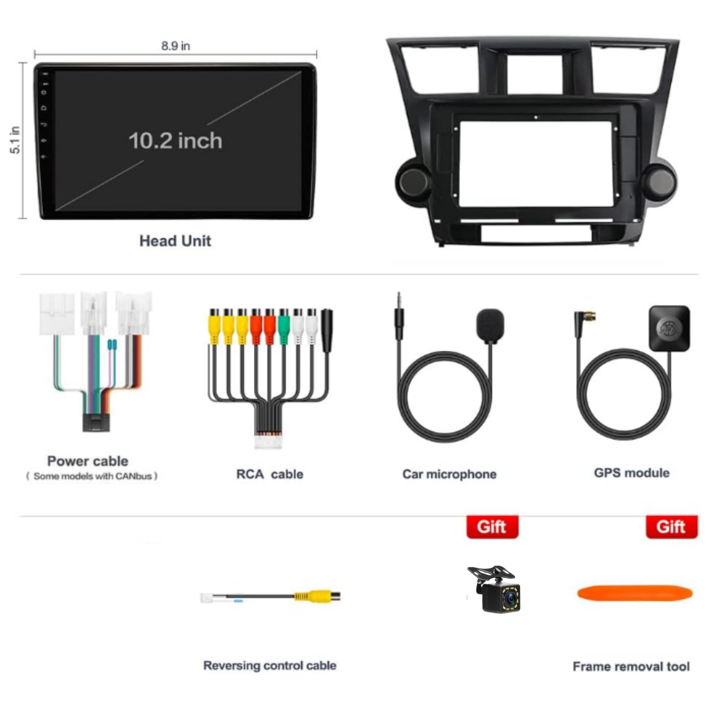 JAMABRI 10.1 Inch Android Car Stereo Touch Screen Double Din Car Radio for Toyota Highlander 2008- 2012 with Carplay & Android Auto, WiFi Bluetooth GPS Navigation FM Radio Support Mirror Link for Android/iOS Phone, with 12 Led Lights HD Rear View Camera