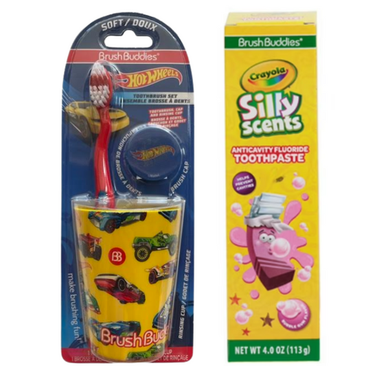 Toothbrush with Rinse Cup and Toothpaste and Travel Cap for Kids. 4 Piece Kit.