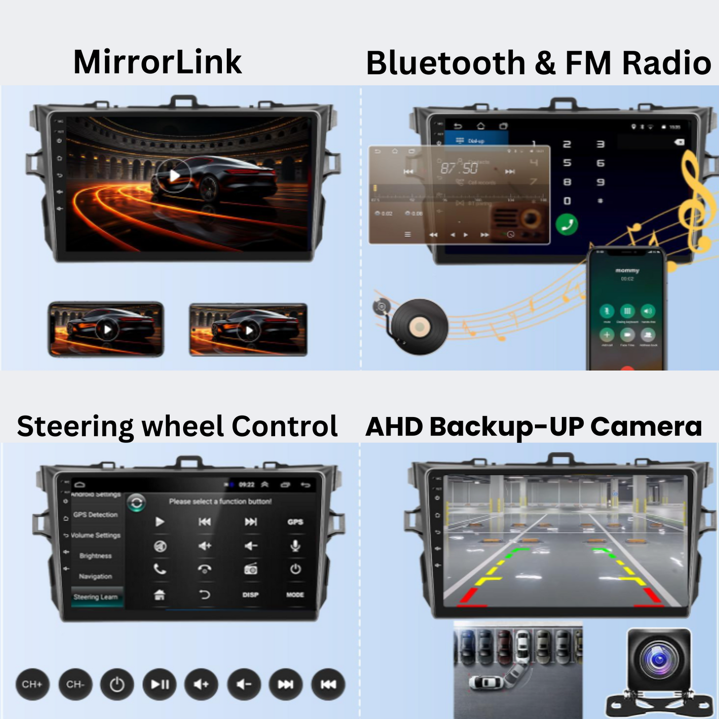 JAMABRI 9 Inch Android Car Stereo Touch Screen Double Din Car Radio for Toyota Corolla 2006-2012 with Carplay & Android Auto, WiFi Bluetooth GPS Navigation FM Radio Support Mirror Link for Android/iOS Phone, with 12 Led Lights HD Rear View Camera